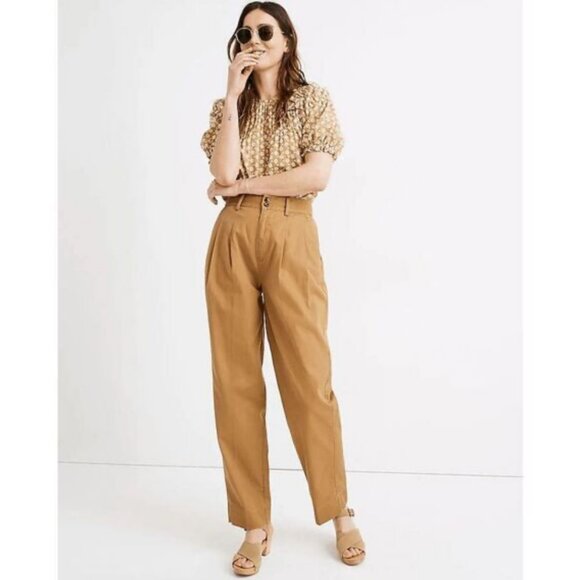Madewell Camel Tan Cotton Pleated Taper Wide Leg High Waist Slouchy Pants Size 4 - Picture 2 of 12